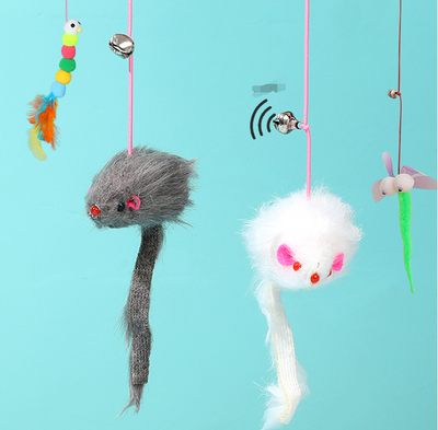 Two plush mouse cat toys, one gray and one white, with pink elastic ropes, bells, and suction cups. - Image 12