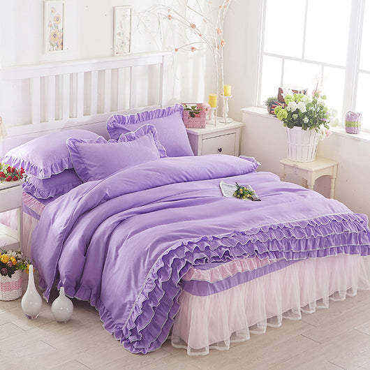 Juego de Cama Princesa con Encaje - Cubrecama Estilo Falda de Cama Cuatro Piezas Color Sólido - Image 13