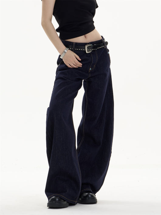 Pantalones Jeans Azul Oscuro Retro Corte Recto Ancho Casual - Image 9