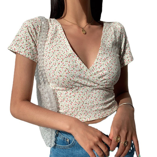 Blusa Crop Top Floral Retro Cuello V Ajustado Manga Corta - Image 7