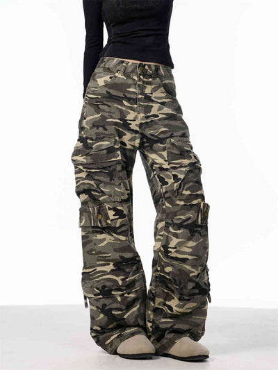 Pantalones Cargo Camuflaje Mujer Pierna Ancha Suelta - Image 2