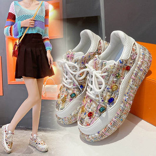 Mocasines Plataforma para Mujer con Tweed Colorido y Piedras - Zapatos Cómodos y Casuales - Image 43