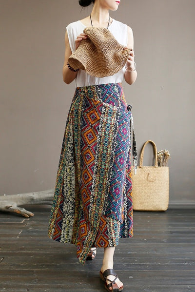 Falda Larga de Lino y Algodón con Estampado Retro - Corte A Irregular Talla Grande - Image 10