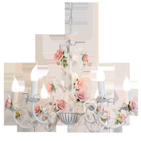 Lámpara de Araña Pastoral Francesa Hierro Forjado Flores Estilo Princesa Retro