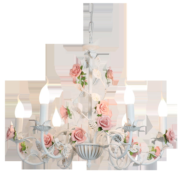 Lámpara de Araña Pastoral Francesa Hierro Forjado Flores Estilo Princesa Retro