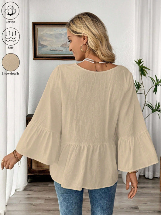 Blusa Cuello V con Mangas Volantes en Colores Sólidos - Image 14