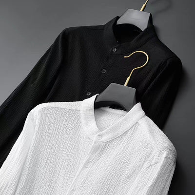 Camisa Casual Seersucker a Rayas para Hombre - Cuello Mao Ligera Perfecta para Verano - Image 3