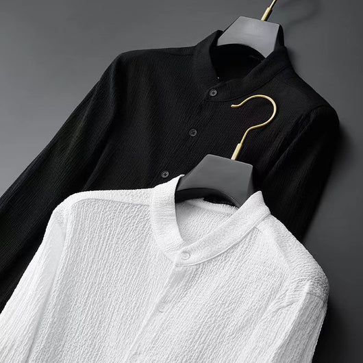 Camisa Casual Seersucker a Rayas para Hombre - Cuello Mao Ligera Perfecta para Verano - Image 3