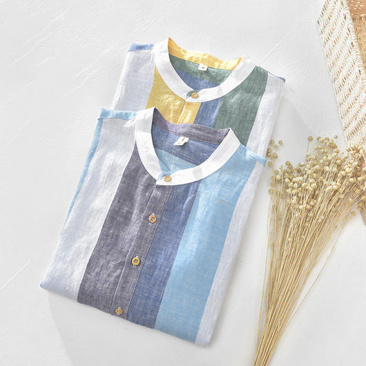 Camisa de Lino Manga Corta con Cuello de Pie para Hombre - Image 5