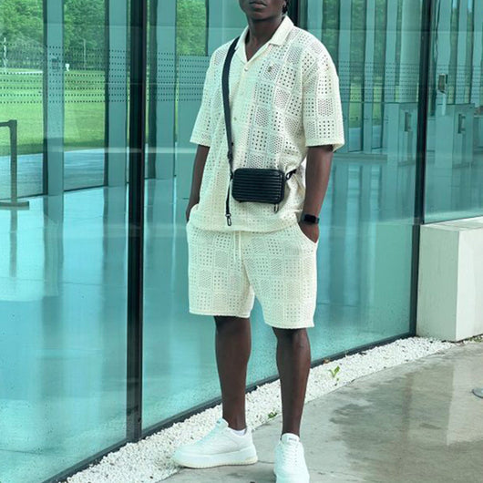 Conjunto de Camisa Hueca con Solapa y Shorts Sueltos para Hombre - Image 8