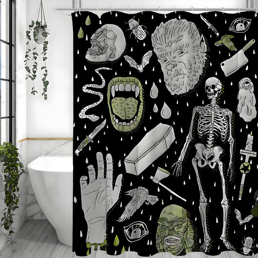 Black polyester shower curtain with a horror print featuring skeletons, skulls, monsters, and spooky elements. - Image 5