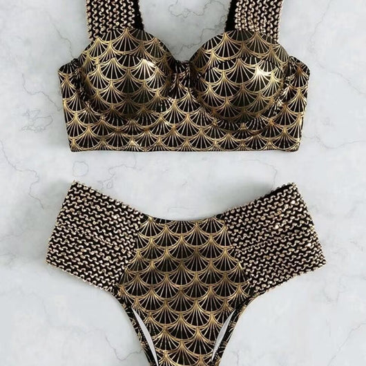 Women's high-waisted two-piece bronzing swimwear with black and gold art deco fan pattern and textured straps. - Image 4