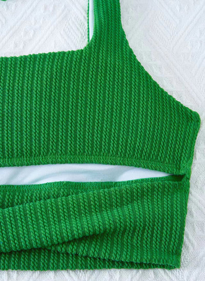Green textured knit two-piece swimsuit with a square-neck crop top and high-waisted bottoms, featuring tie-shoulder straps. - Image 16