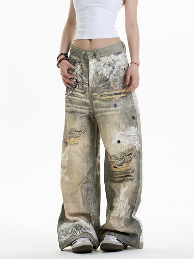 Pantalones Vaqueros Estampado Cruzado Mujer Pierna Ancha - Image 12