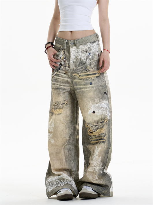Pantalones Vaqueros Estampado Cruzado Mujer Pierna Ancha - Image 12