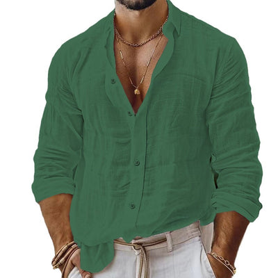 Camisa Casual de Algodón y Lino para Hombre - Manga Larga Color Sólido - Image 5