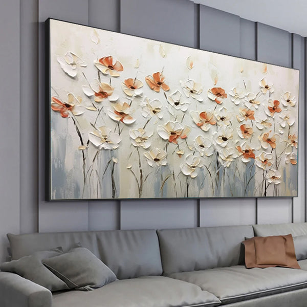 Cuadro Abstracto Flores Blancas - Pintura al Óleo Sobre Lienzo Hecho a Mano