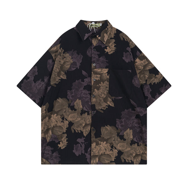 Camisa Suelta Estampado Hojas Vintage - Manga Corta Casual