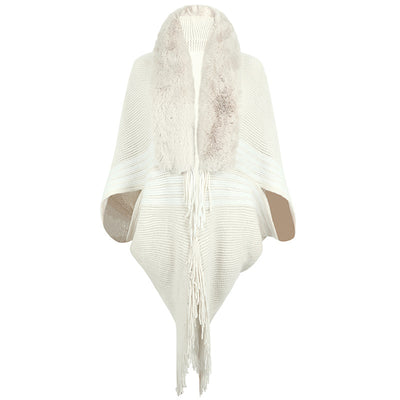 Capa Elegante con Cuello de Piel y Borlas - Diseño Rayado para Mujer - Image 7