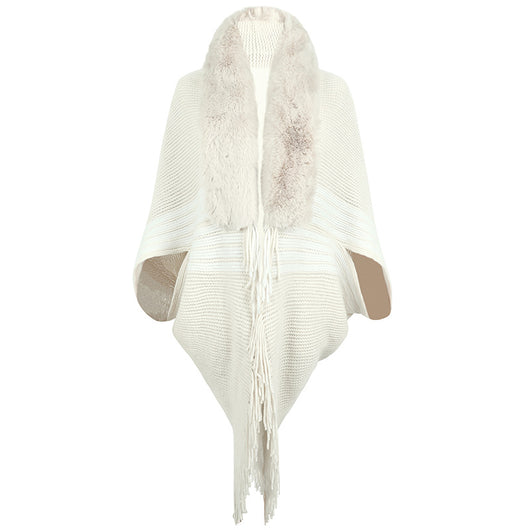 Capa Elegante con Cuello de Piel y Borlas - Diseño Rayado para Mujer - Image 7