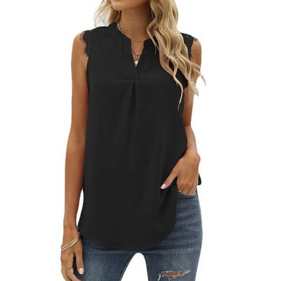 Blusa Suelta Escote V sin Mangas con Encaje de Color Sólido - Image 6