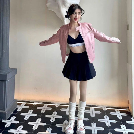 Chaqueta de Cuero Rosa con Cierre y Costuras Decorativas - Image 10