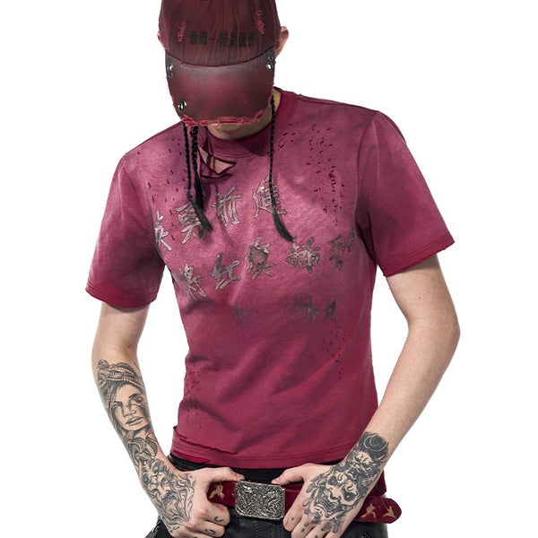 Playera Roja Slim Fit Desgastada con Efecto Lavado Sucio