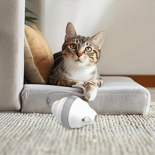 White and grey automatic rolling mouse cat toy with a curved feather teasing stick, showing product dimensions. - Image 7