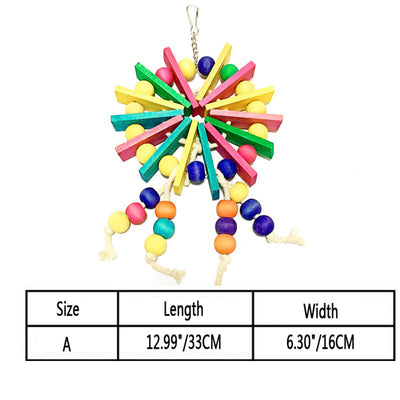 Red and green cotton rope parrot nibble toy with golden bells and a metal hook for bird cage attachment. - Image 9