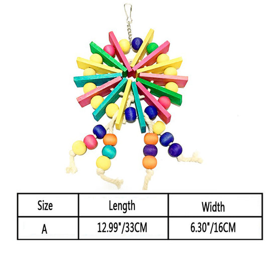 Red and green cotton rope parrot nibble toy with golden bells and a metal hook for bird cage attachment. - Image 9