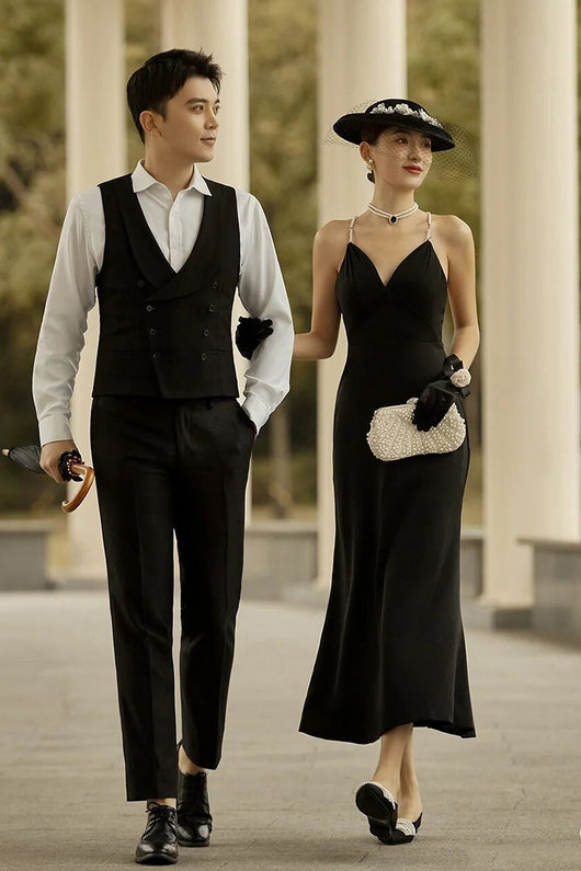 Vestido de Noche Negro Estilo Audrey Hepburn con Guantes Mariposa Retro - Image 11
