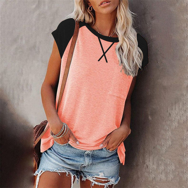 Playera Suelta de Cuello Redondo con Combinación de Colores para Mujer