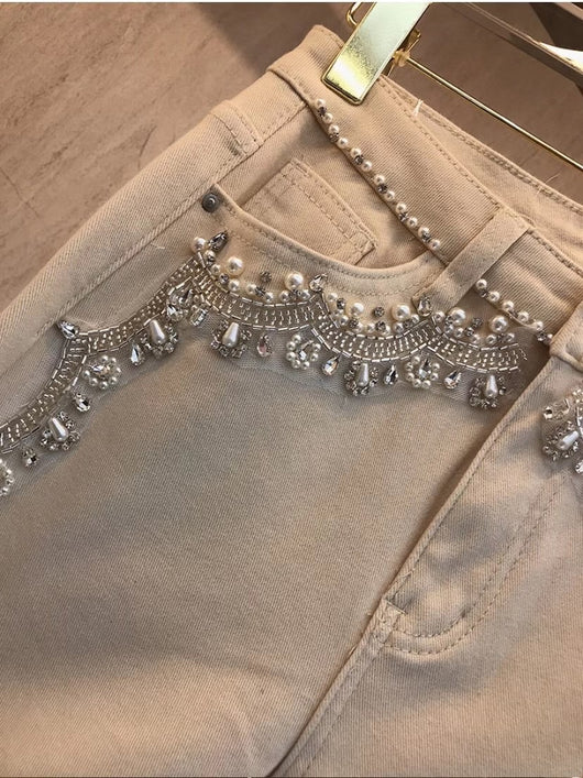 Pantalones Cintura Alta Ajustados con Detalles de Pedrería y Terciopelo - Image 3
