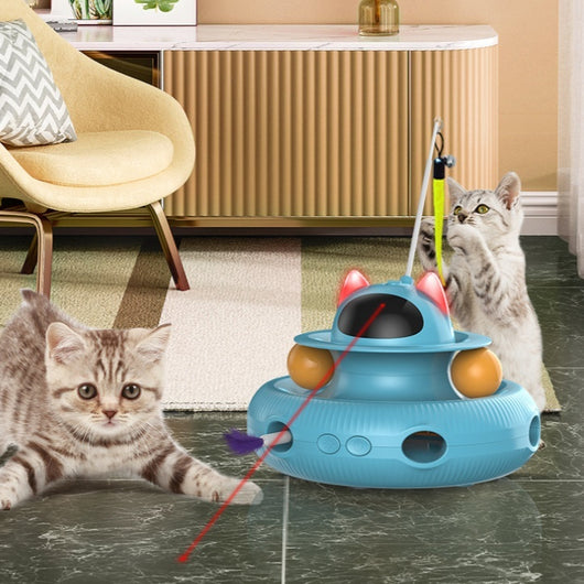 Orange automatic cat teaser toy with a laser, feather wand, and rolling balls, featuring a cat-ear design.