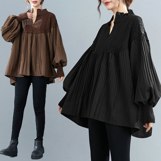 Blusa Occidental Holgada con Mangas Farol y Costuras Tejidas - Talla Grande