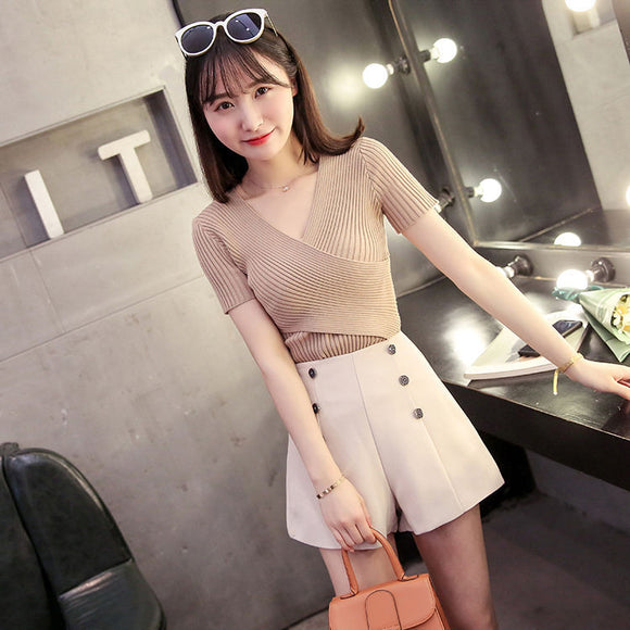 Blusa Tejida Escote V Manga Corta