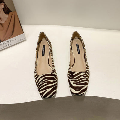 Zapatos Planos Punta Cuadrada Estilo Coreano con Patrón Zebra y Tacón Grueso