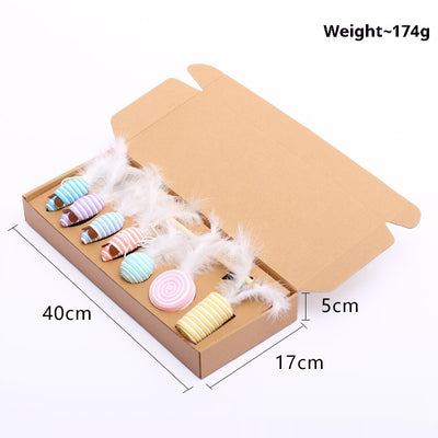 7-piece cat toy gift set with mouse, feather wands, and string-wrapped toys in a brown cardboard box. - Image 7