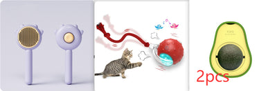 Two purple pet grooming brushes, a red interactive cat toy with a rope, and an avocado-shaped catnip toy. - Image 5