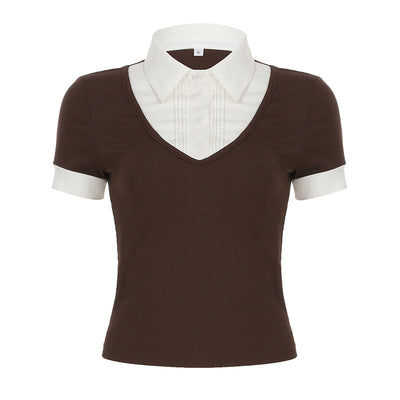Playera Polo Retro Americana con Costuras Superpuestas para Mujer - Image 9