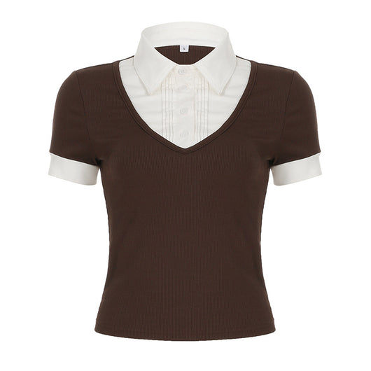 Playera Polo Retro Americana con Costuras Superpuestas para Mujer - Image 9