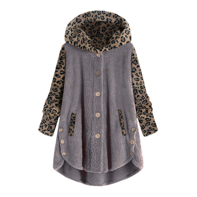Abrigo Largo con Capucha y Empalme de Leopardo en Felpa para Mujer - Image 9
