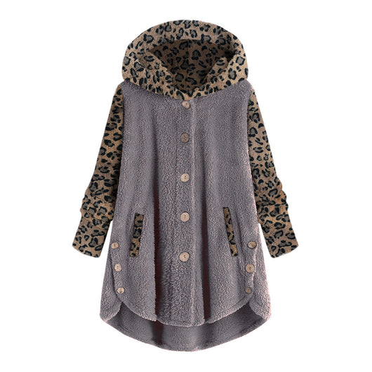 Abrigo Largo con Capucha y Empalme de Leopardo en Felpa para Mujer - Image 9