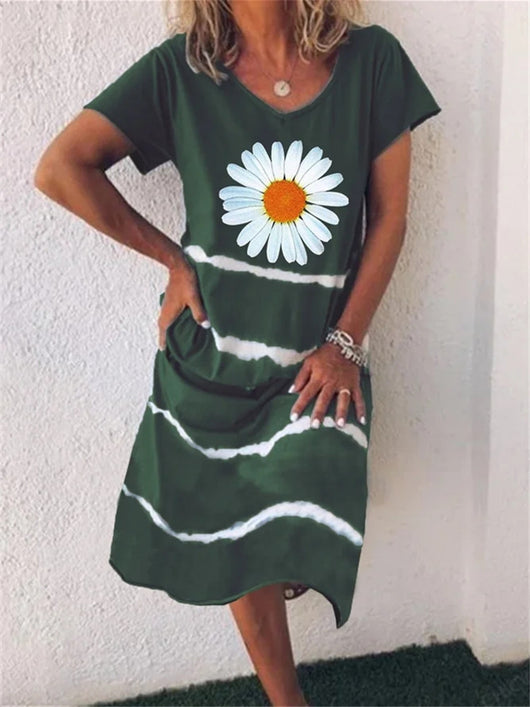 Vestido de Verano Estampado Girasol con Rayas - Manga Corta para Mujer - Image 12