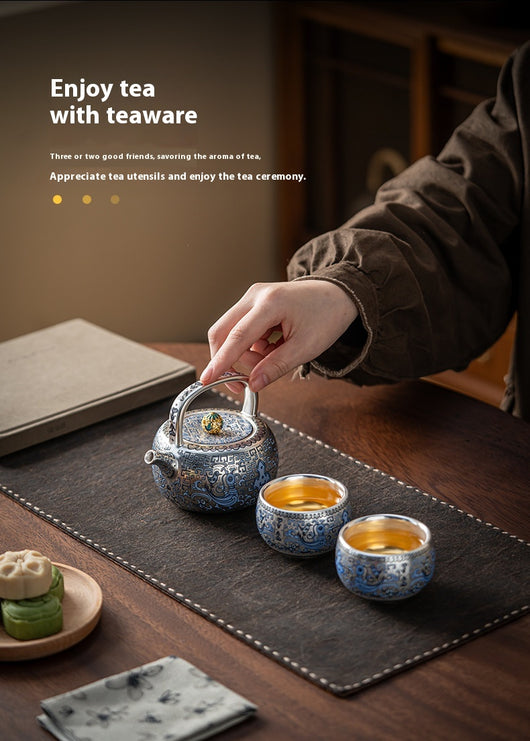 Juego de Té Taotie Chapado en Oro y Plata - Tetera Artesanal de Lujo - Image 25