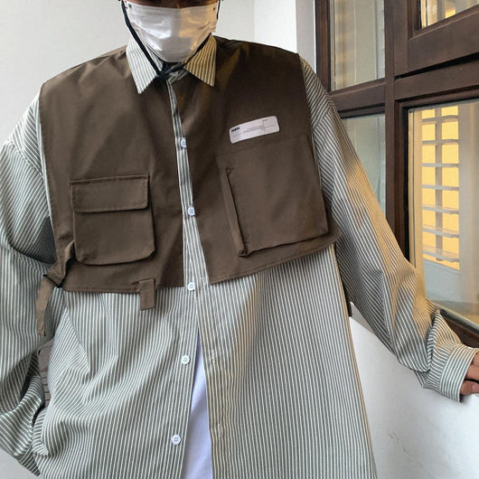 Camisa de Trabajo Manga Larga con Efecto Dos Piezas a Rayas - Image 8