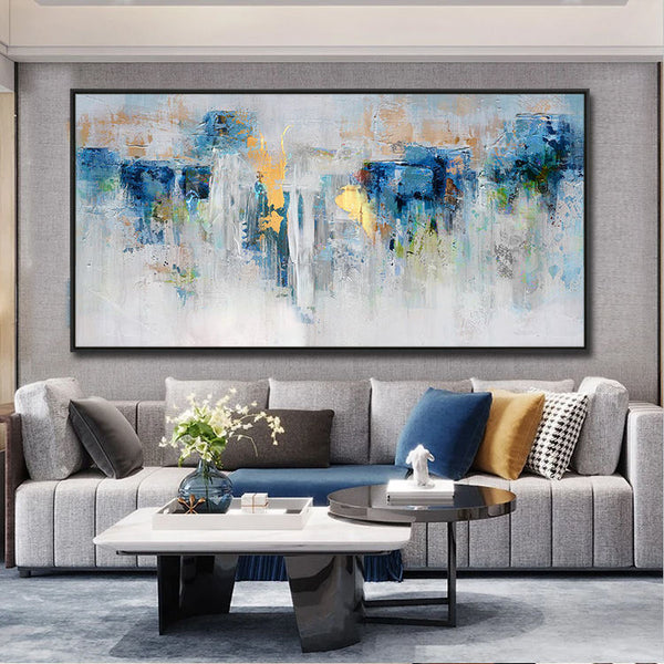 Cuadro Abstracto Azul y Oro Pintura al Óleo Moderna para Sala de Estar