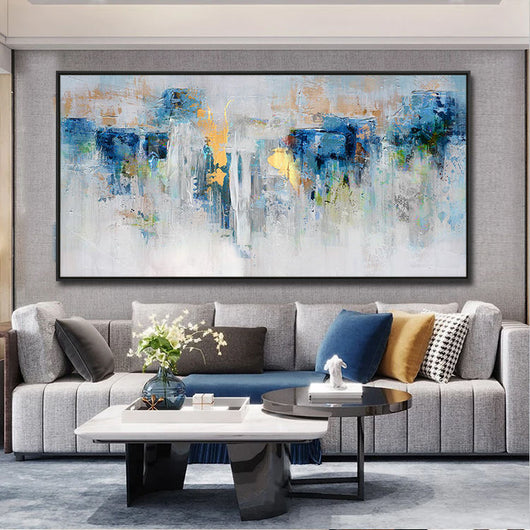 Cuadro Abstracto Azul y Oro Pintura al Óleo Moderna para Sala de Estar
