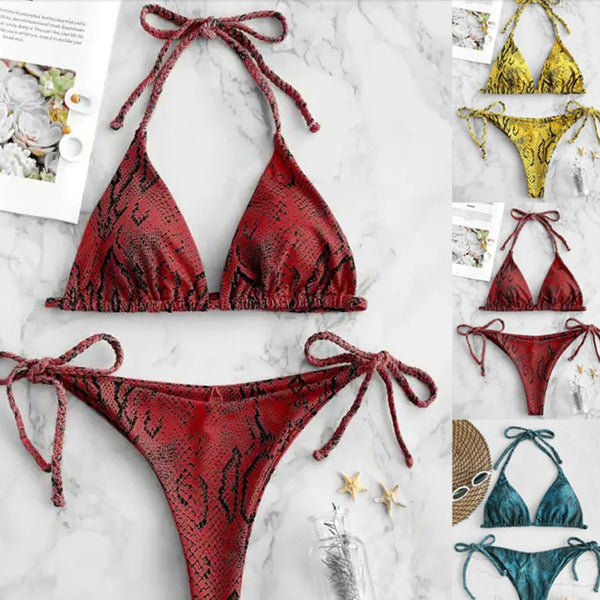 Traje de Baño Dividido para Dama con Patrón de Piel de Serpiente Impreso en Ambos Lados