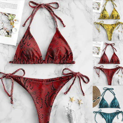 Traje de Baño Dividido para Dama con Patrón de Piel de Serpiente Impreso en Ambos Lados